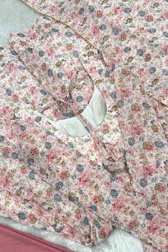 Pink Chiffon Floral Print Anarkali Kurti With Dupatta And Pant
