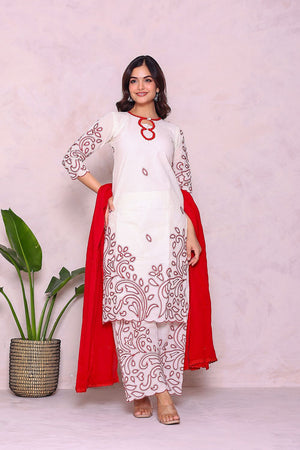 Off White Embroidered Cotton Kurti Pant Set (26Redkora)