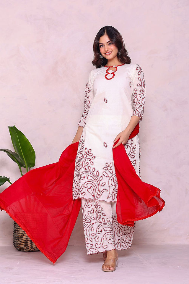 Off White Embroidered Cotton Kurti Pant Set (26Redkora)