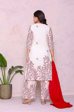 Off White Embroidered Cotton Kurti Pant Set (26Redkora)