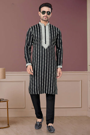 Black Sequin with Embroidered Silk Kurta Pyjama Set