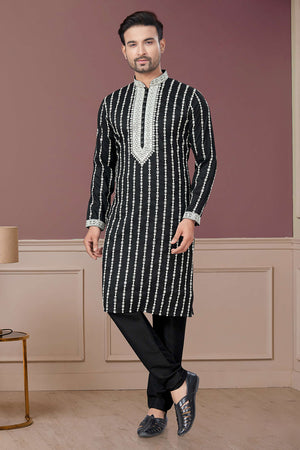 Black Sequin with Embroidered Silk Kurta Pyjama Set