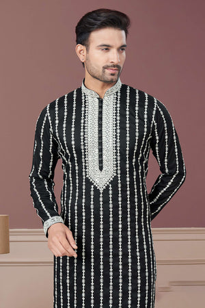 Black Sequin with Embroidered Silk Kurta Pyjama Set