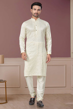Cream Sequin with Embroidered Silk Kurta Pyjama Set