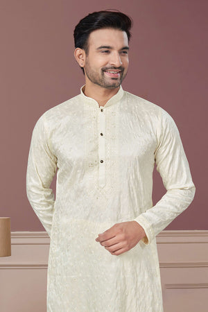 Cream Sequin with Embroidered Silk Kurta Pyjama Set