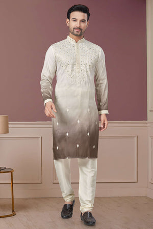 Cream Sequin with Embroidered Silk Kurta Pyjama Set