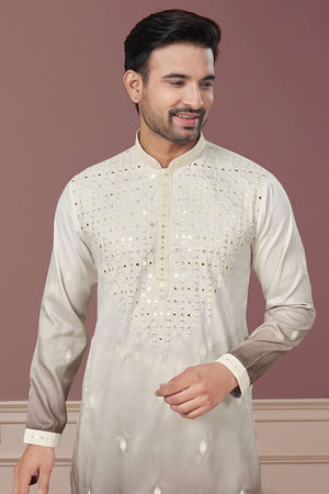 Cream Sequin with Embroidered Silk Kurta Pyjama Set