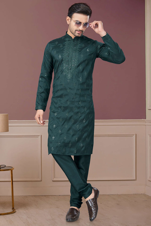 Green Sequin with Embroidered Silk Kurta Pyjama Set