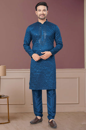 Blue Sequin with Embroidered Silk Kurta Pyjama Set