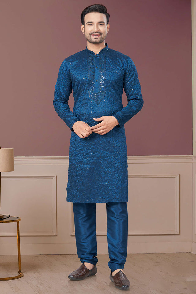 Blue Sequin with Embroidered Silk Kurta Pyjama Set