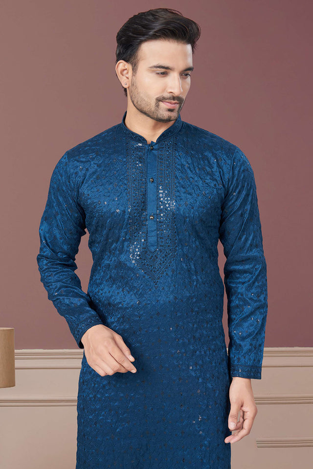 Blue Sequin with Embroidered Silk Kurta Pyjama Set