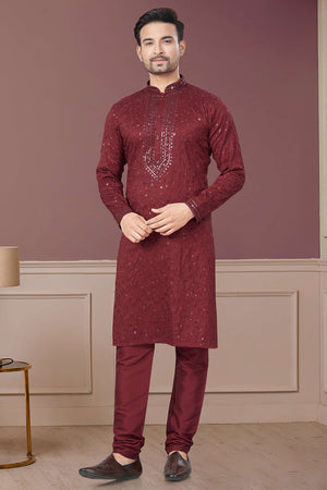 Maroon Sequin with Embroidered Silk Kurta Pyjama Set
