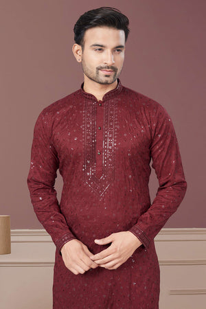 Maroon Sequin with Embroidered Silk Kurta Pyjama Set