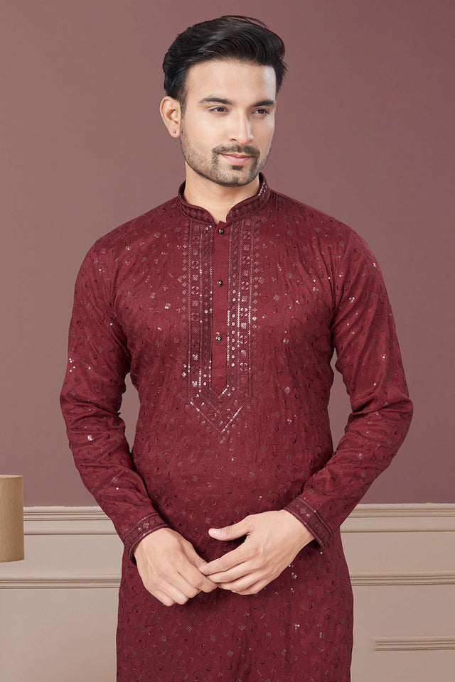 Maroon Sequin with Embroidered Silk Kurta Pyjama Set