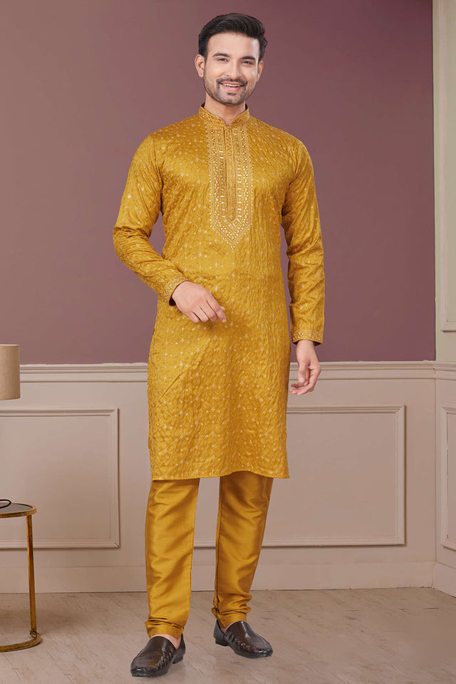 Yellow Sequin with Embroidered Silk Kurta Pyjama Set