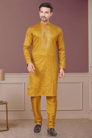 Yellow Sequin with Embroidered Silk Kurta Pyjama Set
