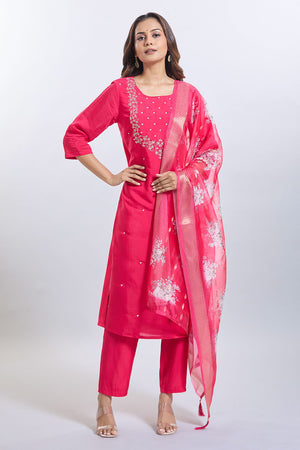 Pink Embroidered Chandheri Kurti Pant Set
