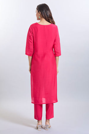 Pink Embroidered Chandheri Kurti Pant Set