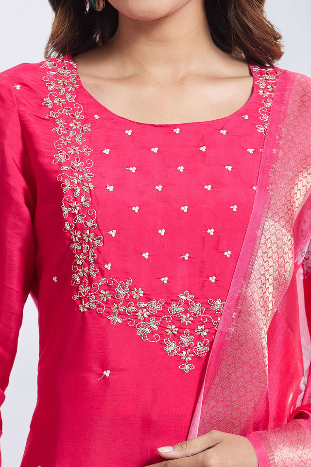 Pink Embroidered Chandheri Kurti Pant Set