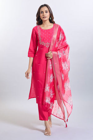 Pink Embroidered Chandheri Kurti Pant Set