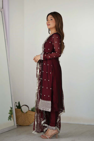 Red Embroidered Georgette Kurti with Pant