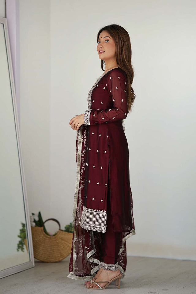 Red Embroidered Georgette Kurti with Pant