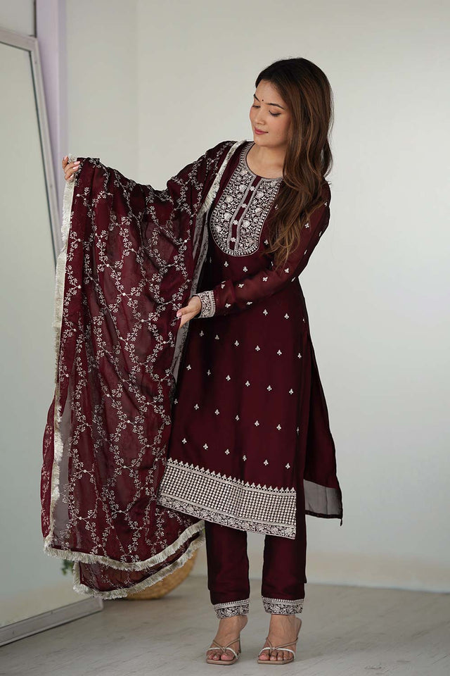 Red Embroidered Georgette Kurti with Pant