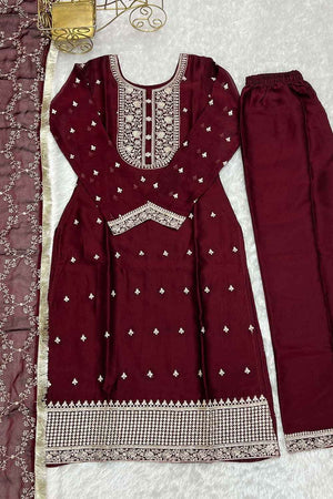 Red Embroidered Georgette Kurti with Pant