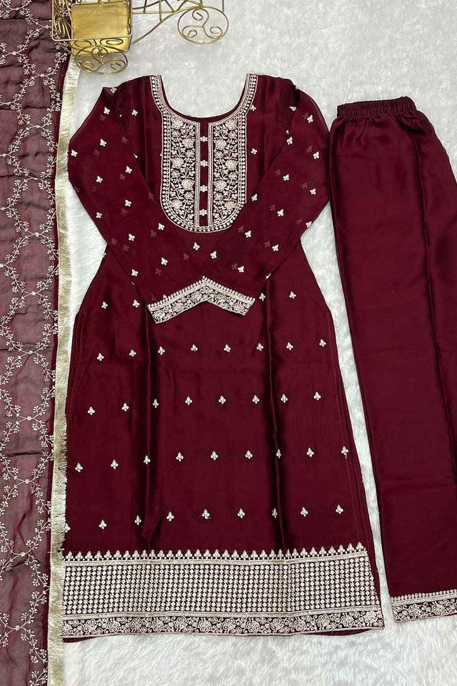 Red Embroidered Georgette Kurti with Pant