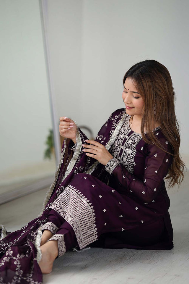 Red Embroidered Georgette Kurti with Pant