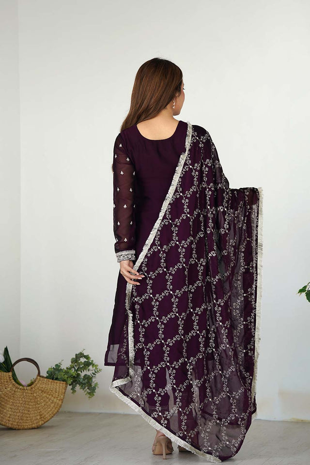 Red Embroidered Georgette Kurti with Pant