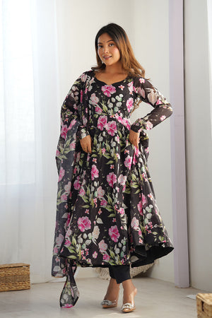 White Floral Printed Organza Gown