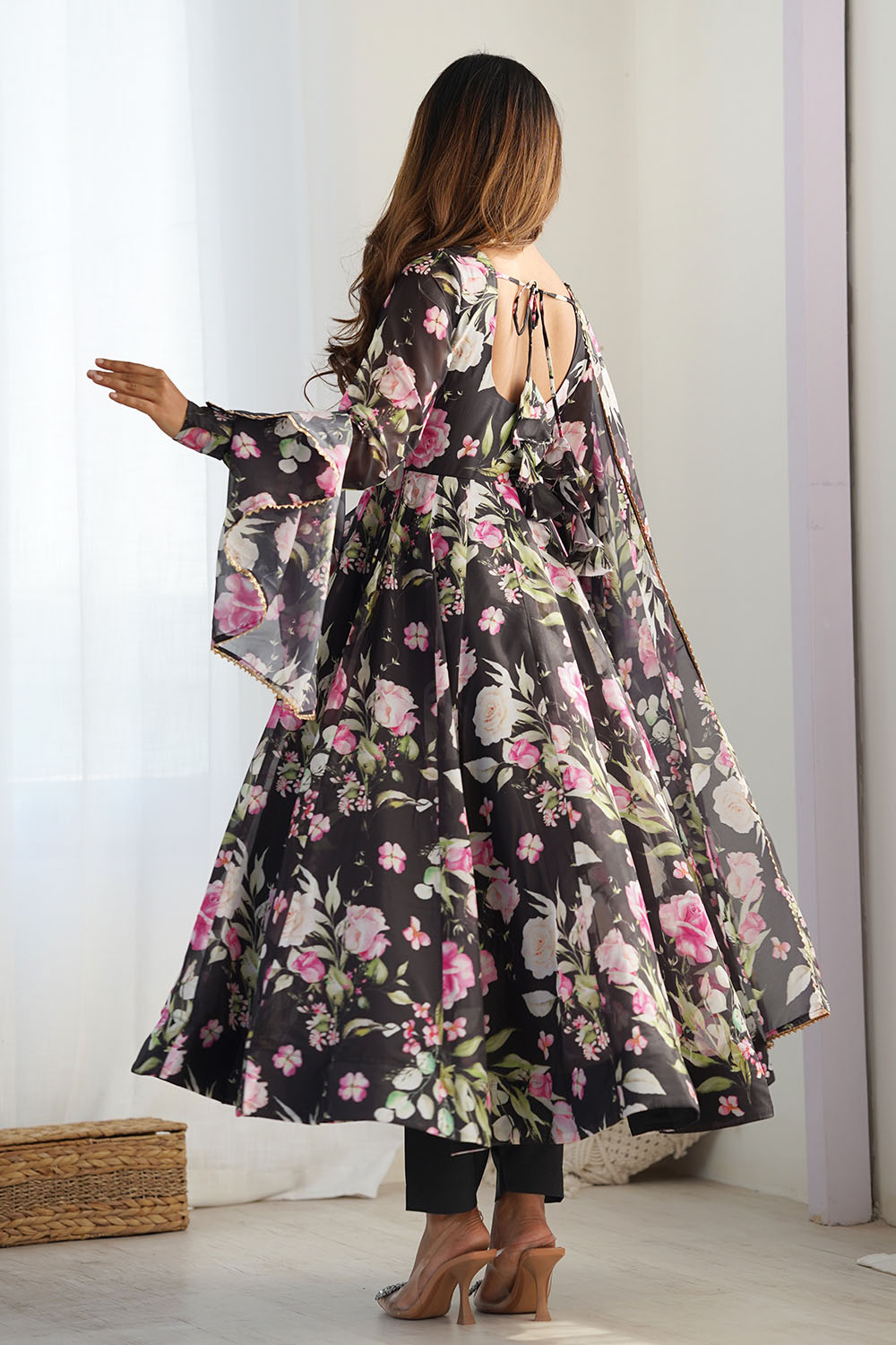 White Floral Printed Organza Gown (274-Black-AFKB)