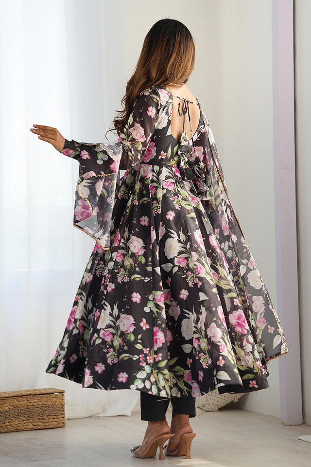 White Floral Printed Organza Gown