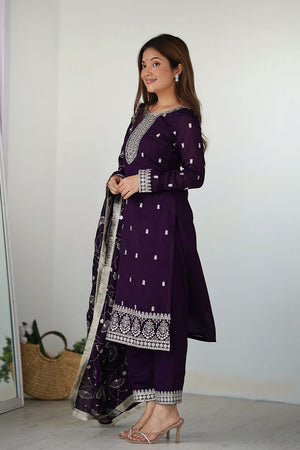 Violet Embroidered Silk Straight Cut Suit Set