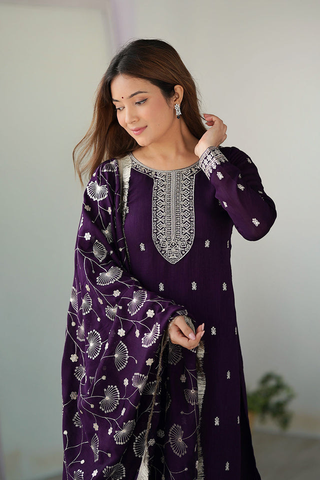 Violet Embroidered Silk Straight Cut Suit Set
