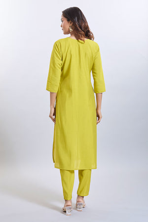 Yellow Embroidered Chandheri Kurti Pant Set