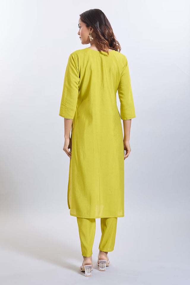 Yellow Embroidered Chandheri Kurti Pant Set