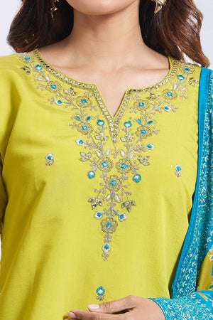 Yellow Embroidered Chandheri Kurti Pant Set