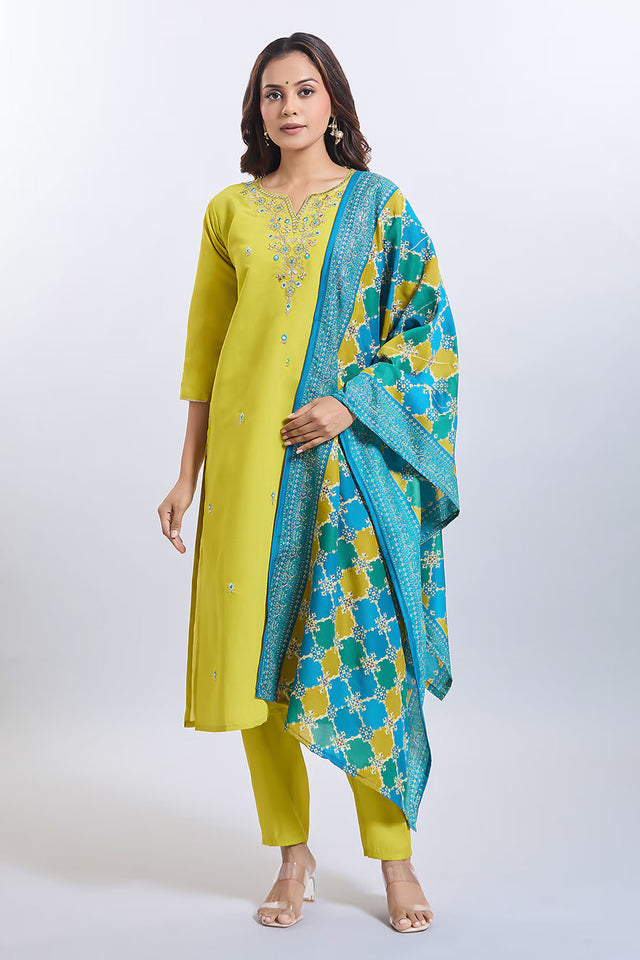 Yellow Embroidered Chandheri Kurti Pant Set