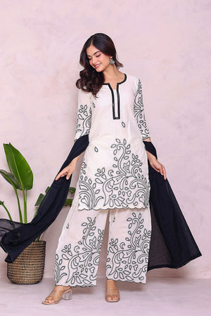Off White Floral Embroidered Cotton Kurti Palazzo Set (27blackkora)