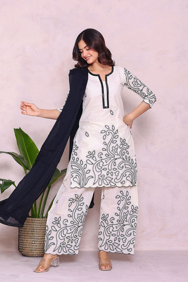 Off White Floral Embroidered Cotton Kurti Palazzo Set (27blackkora)