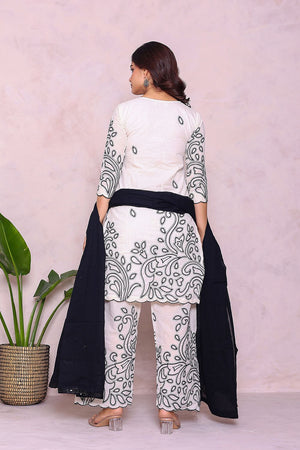 Off White Floral Embroidered Cotton Kurti Palazzo Set (27blackkora)