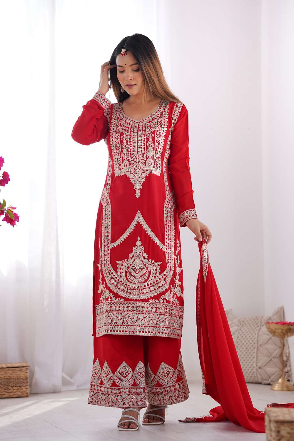 Red Sequin with Embroidered Silk Pakistani Suit Set (280-Red-AFKB)