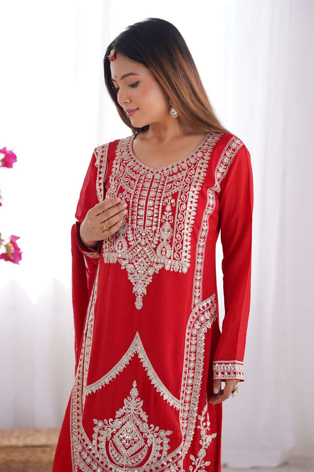 Red Sequin With Embroidered Silk Pakistani Suit Set