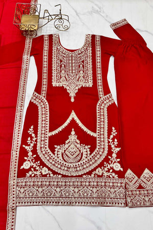 Red Sequin With Embroidered Silk Pakistani Suit Set