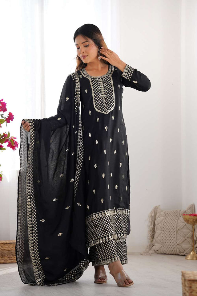 Black Sequin Chinon Pakistani Suit Set