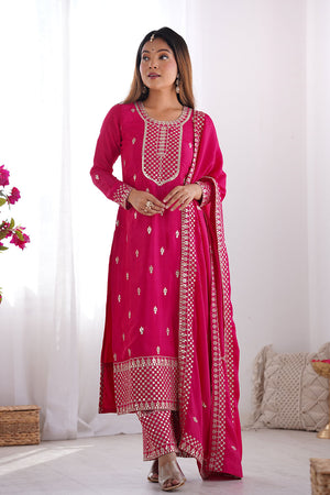 Pink  Sequin with Embroidered Chinon Straight Cut Suit Set