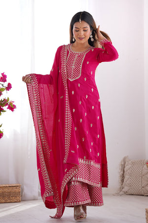 Pink  Sequin with Embroidered Chinon Straight Cut Suit Set