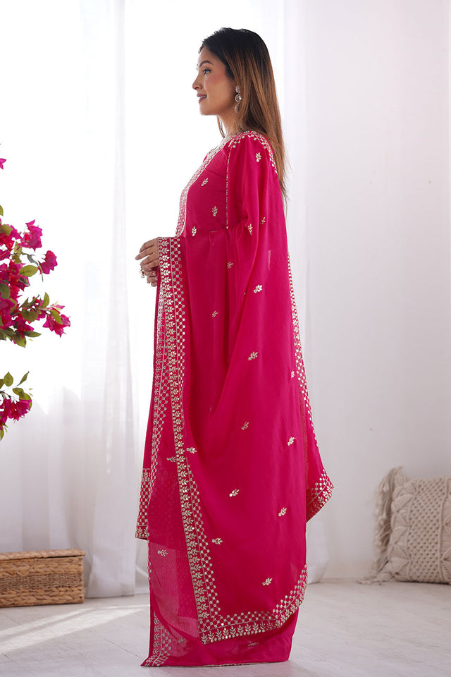 Pink  Sequin with Embroidered Chinon Straight Cut Suit Set